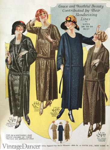 1920s dress, 1923 Lane Bryant plus size dresses in the column shape with tie belt.