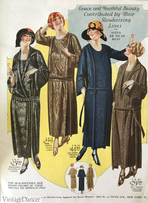 1920s dress, 1923 Lane Bryant plus size dresses in the column shape with tie belt.