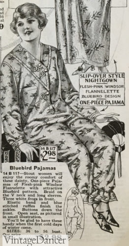 1923 pink with blue birds in flannel Billie Burke pajamas 1920s at VintageDancer