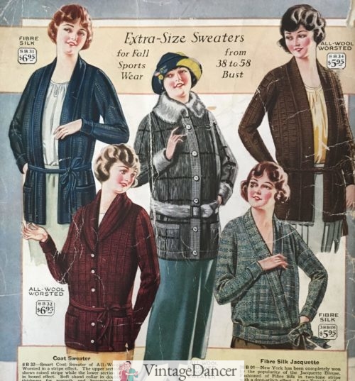 1923 tuxedo sweaters and jumpers in the back, shaker sweater-coat in the front Left at VintageDancer