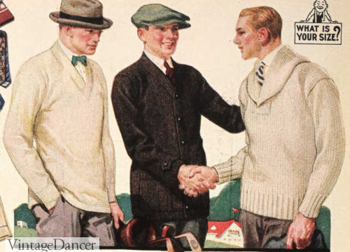 1923 light V neck pullover, medium weight cardigan and heavy shaker knit shawl collar sweaters