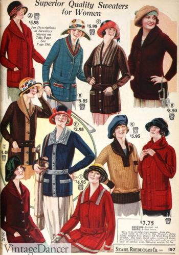 1920s sweaters, cardigans, knitwear, women's winter fashion 1920