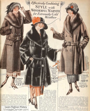 1920s women trench coat fur collars winter