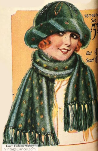 1920s women winter brushed knit scarf and hat with embroidery and matching winter hat 