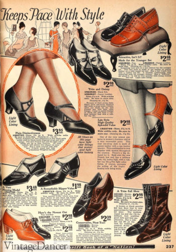 1920s shoes: mary jane heels, oxford with low heels, lace up boots for women in 1925