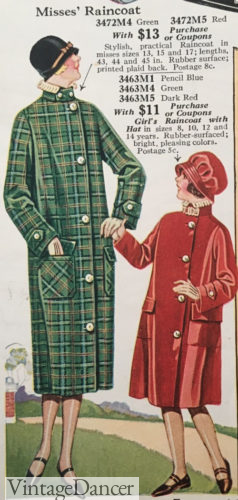 1926 green plaid raincoat and girls red raincoat at VintageDancer