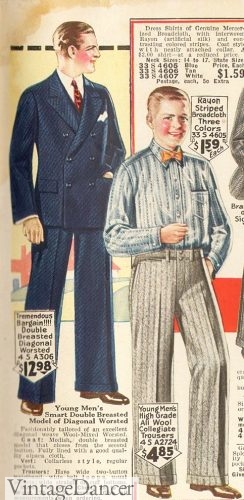 1926 (L) teen boys blue suit and (R) dress slacks with stripe shirt