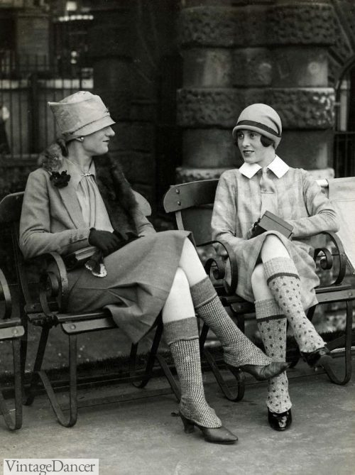 This picture illustrates how spatter dashers would have been worn in the 1920s. The bold patterns create a fashion statement, whilst the woollen yarn facilitates in keeping these ladies warm. 