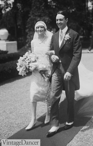 1920s wedding couple bride groom short slip dress with pearl jewelry