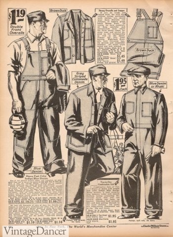 1920s mens workwear. 1927 overalls with matching jackets and coverall on the right