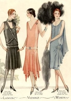 1927 evening dresses, drop waist, hanky hem and side gathered designs
