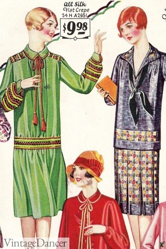 1920s fashion in detail. The long bow ties and scarf tie were common decorations on sporty day dresses. 