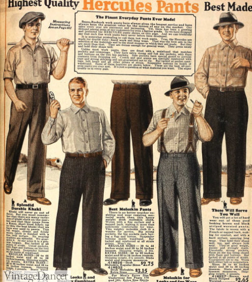 1927 men work shirts, pants, and caps