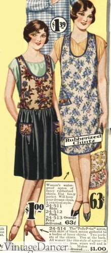 1928 satin skirt with chintz top apron and floral rubber apron