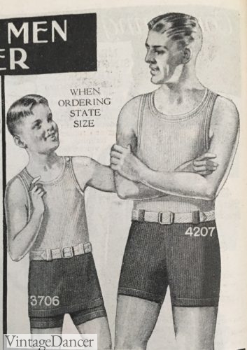 1920s mens and boys swimwear swimshorts 1928 two piece swimsuits