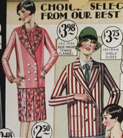 1928 striped tennis blazer and floral trim pink blazer suit. Learn 1920s history at VintageDancer