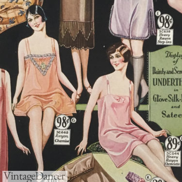 1928 chemises (shorter and looser than a long slip) worn under corsets