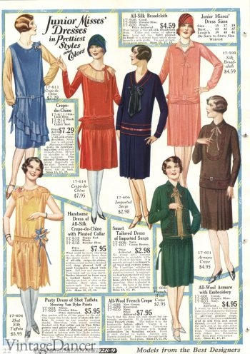 1928, more long ties and flower placements on these dresses. 