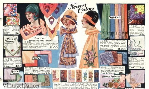 Late 1920s scarf styles. Tied around the neck, hung long or draped around one shoulder. Beautiful colors and decorative prints.