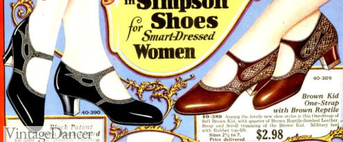 1920s womens shoes. 1928 lizard skinned trim on calfskin shoe bodies at VintageDancer
