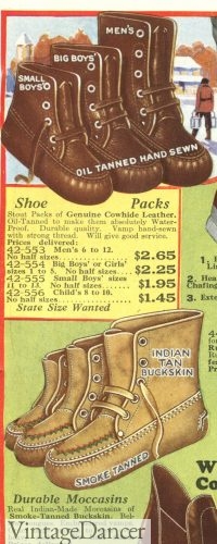 1928 oiled leather shoepac and buckskin moccasin