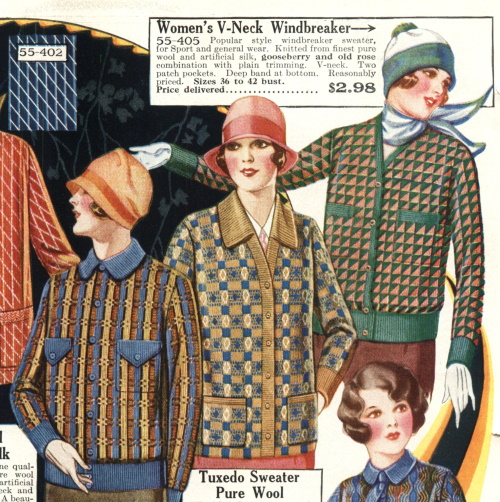 R and L, 1928 windbreaker jackets, sweater in the center. Learn 1920s fashion history at VintageDancer