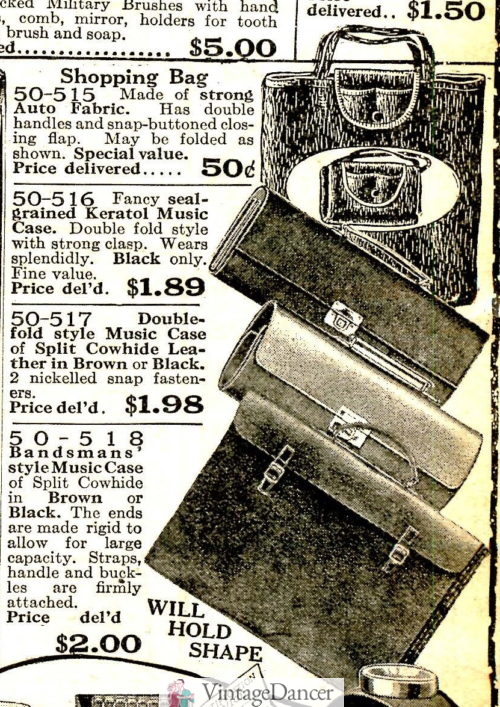 Top to bottom: shopping bag, rolled music cases, flat music case.