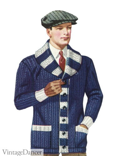 1920s mens sweater coat shawl collar varsity mens collage striped jumper at VintageDancer
