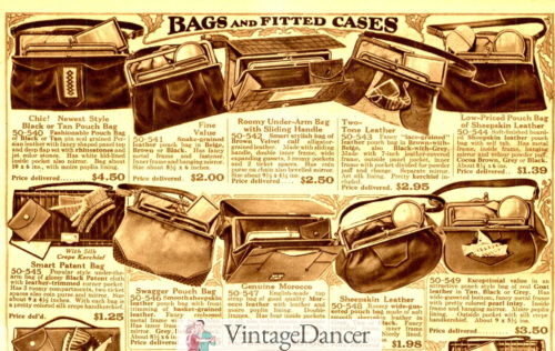 1928 purses with matching mirrors and compartments for cases and compacts.
