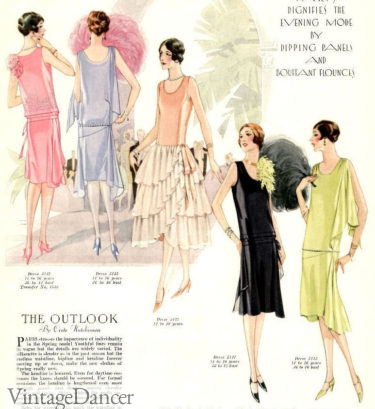 1920s party dresses evening gowns, short drop waist from 1928 at VintageDancer