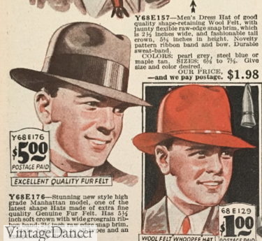 1929 brown fedora and red "Whoopie" fedora hats