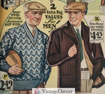 1929 men's V neck chevron sweater and shawl cardigan