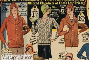 Womens 1920s sweaters, 1929 shawl sweater-coats and a pullover V neck sweater
