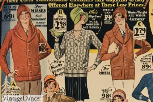 Womens 1920s sweaters, 1929 shawl sweater-coats and a pullover V neck sweater advertisement at VintageDancer