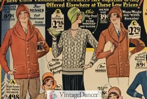 Womens 1920s sweaters, 1929 shawl sweater-coats and a pullover V neck sweater advertisement at VintageDancer