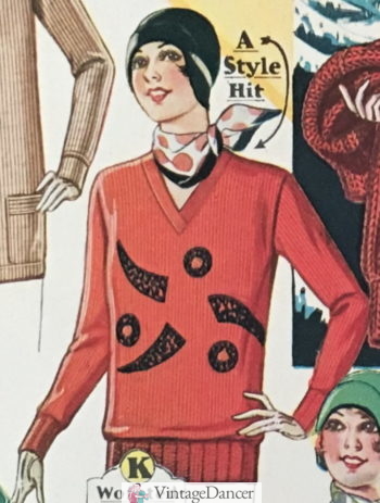 1929 red sweater with black embroidery- what is it supposed to be? See more and learn art deco fashion history at VintageDancer