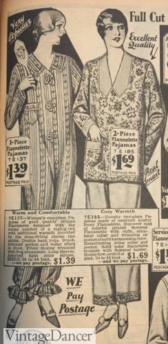 1929 striped flannel with frog clasps Billie Burke pajamas 1920s womens sleepwear at VintageDancer
