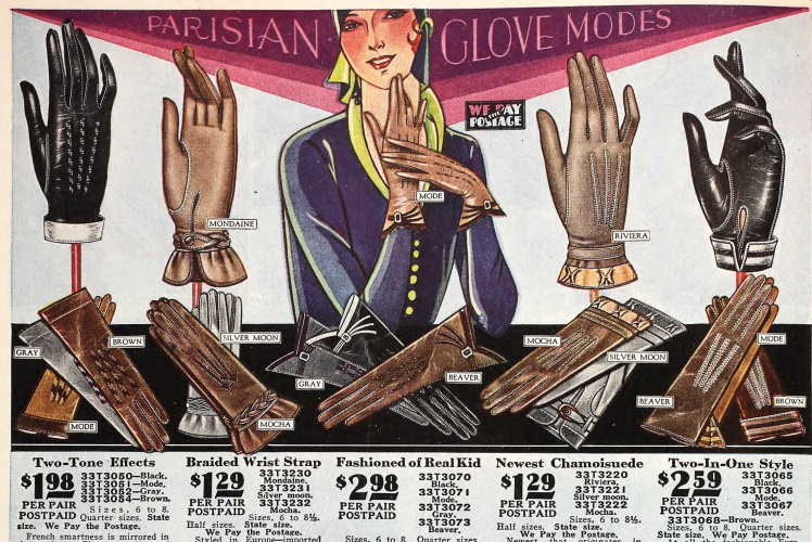 1929 gloves- plain colors, fancy cuffs and edges