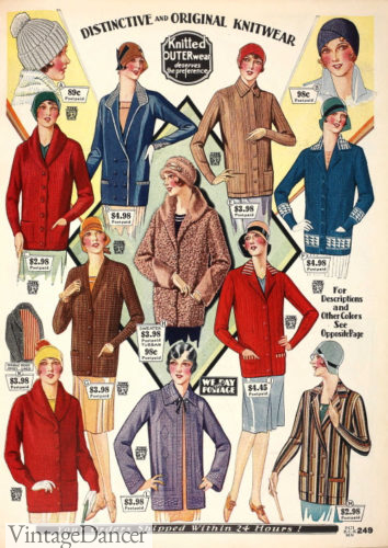 1929 women's fall fashion. Knit tops and sweaters, blazer jackets at VintageDancer