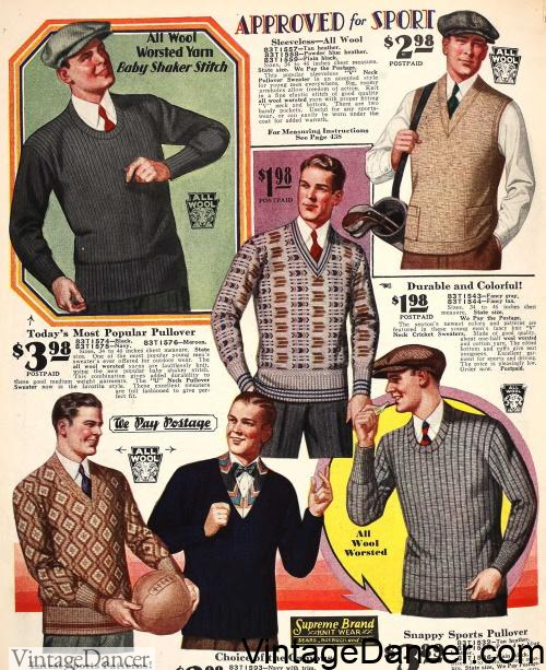 1929 V neck sweaters and round scoop necks jumpers at VintageDancer