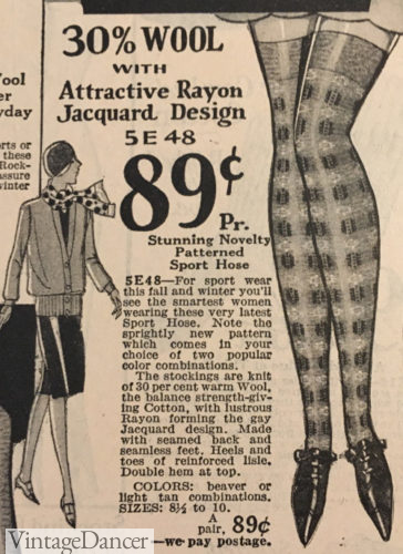 1929 Jacquard pattern stockings in grey or brown at VintageDancer