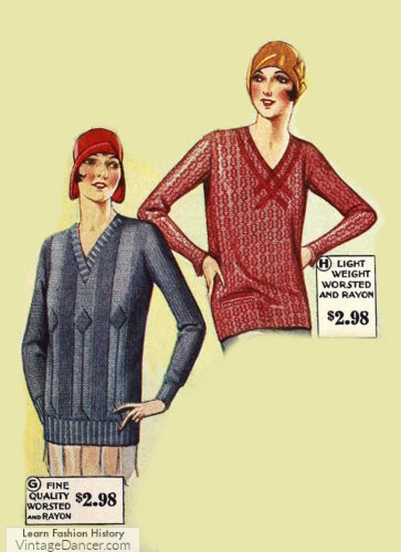 1920s women slim V neck pullover sweaters jumpers knitwear 1930s fashion history