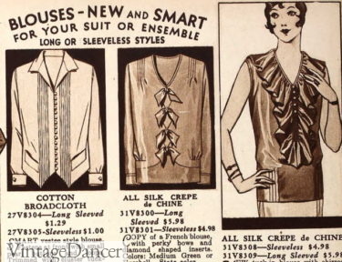 1930 sport blouses- button down, bow ties, ruffled sleeveless