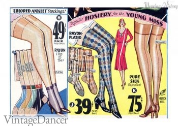 This illustration from the 1930s shows bold patterned hosiery. In addition, notice the stockings and anklets combined. This demonstrates the growing popularity of ankle socks, as they slowly start to become more socially acceptable.