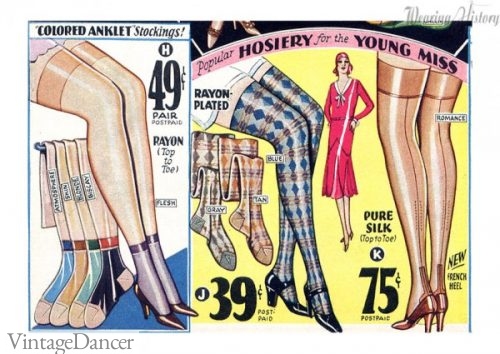This illustration from the 1930s shows bold patterned hosiery. In addition, notice the stockings and anklets combined. This demonstrates the growing popularity of ankle socks, as they slowly start to become more socially acceptable.