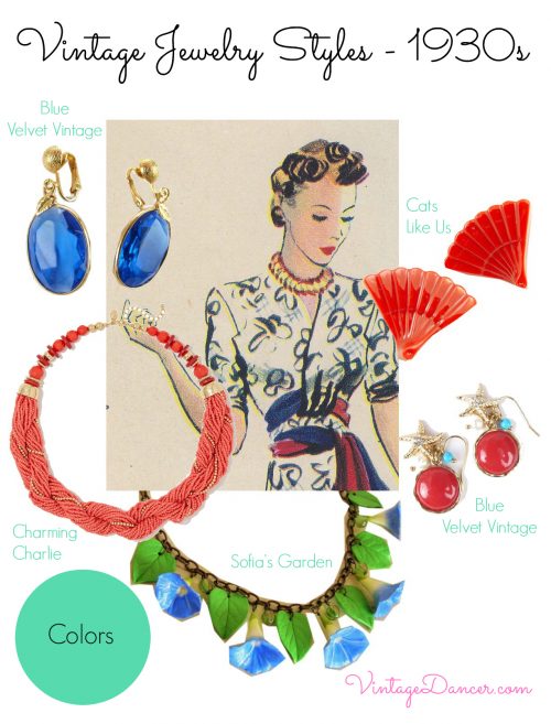 1930s jewelry history - Towards the end of the 1930s, bright colors and hues started to be worn. Learn and shop VintageDancer.com/1930s