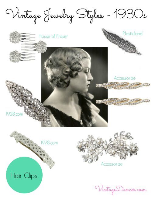 Finish your 1930s hairstyle with one of these beautiful vintage inspired 1930s hair clips or combs. VintageDancer.com/1930s