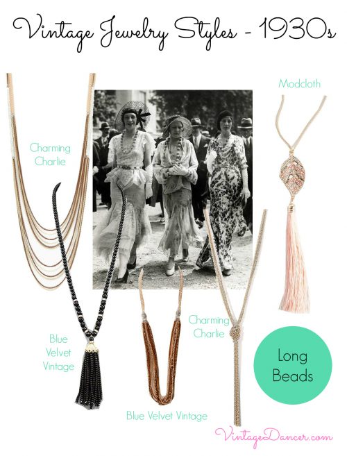 1930s jewelry - Beads were worn long, continuing the sleek Art Deco lines of the period. Shop VintageDancer.com/1930s