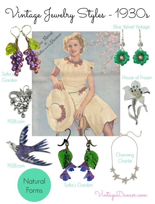 1930s jewelry designs drew inspiration from the natural world - flowers, feathers, birds and fruits were all popular themes. Shop VintageDancer.com/1930s
