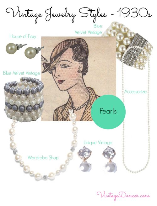 1930s style jewelry - Pearls were not only present in necklaces, but also in brooches – sometimes incorporated with the ‘white on white’ paste style, earrings and bracelets. Pearls really are a timeless jewelry item, and can be worn in so many different ways – perhaps proving way they are still so popular. Shop VintageDancer.com/1930s